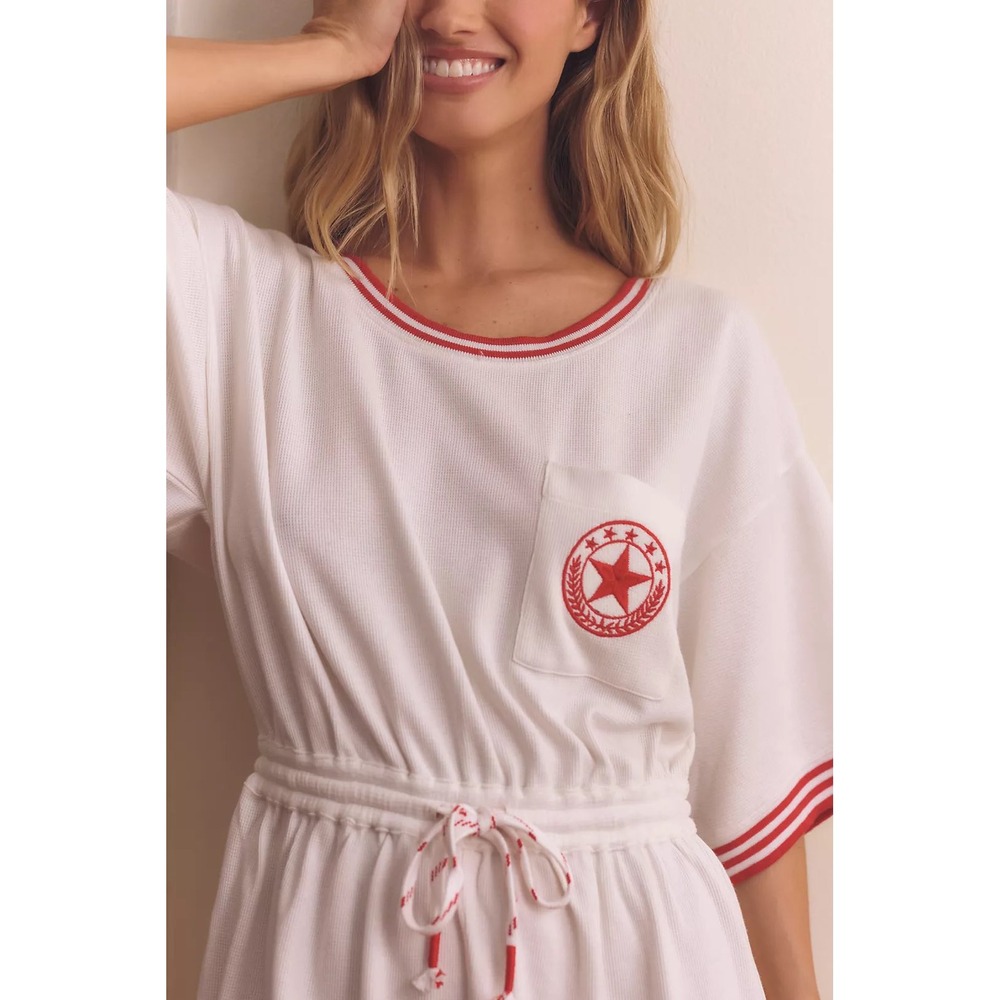 By Anthropologie Short-Sleeve Waffle Knit Playsuit White Red Star Romper Large - Picture 3 of 6